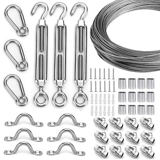 Globe String Light Suspension Kit, Outdoor Light Guide Wire, Vinyl Coated Stainless Steel Steel Cable，Include 150ft Transparent PVC and 304 Stainless Steel Wire Cable, Turnbuckle and Hooks