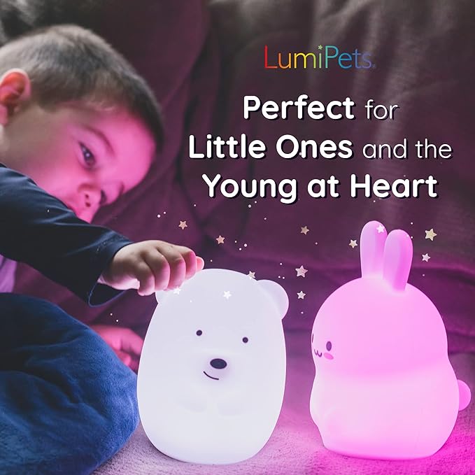 LumiPets Honey the Hippo Silicone Night Light for Kids | Squishy Lamp with Tap & Remote Control | Rechargeable, 9 Color Changing Animal Night Light for Boys & Girls | Portable Nightlight With USB Cord