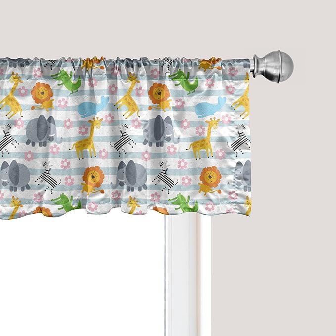 Ambesonne Savannah Window Valance, Friendly Zoo Animals with Happy Faces Cartoon Characters on Stripes Print, Curtain Valance for Kitchen Bedroom Decor with Rod Pocket, 54" X 12", Pale Azure Blue