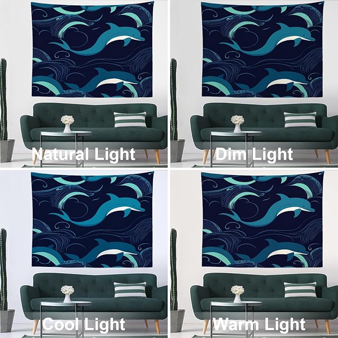 Batmerry Ocean Sea Waves Tapestry, Dolphin Nautical Wall Art Hanging Decoration Polyester Fiber White Ruffled Around for Dorm Room Bedroom Living Room, 39.1x59.1 inches