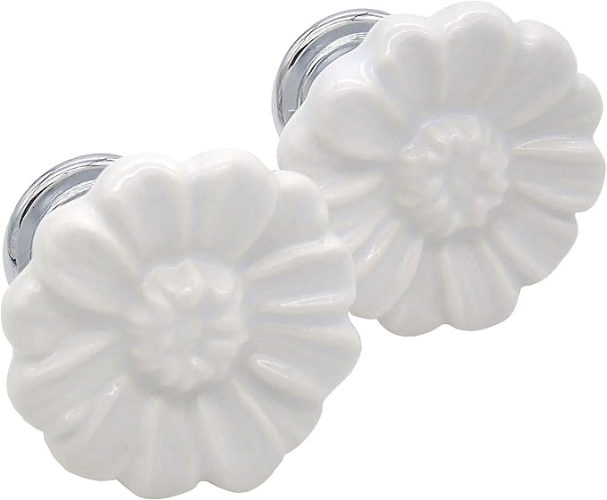 6PCS Vintage Floral Daisy Ceramic Dresser Drawer Knobs Elegant Cabinet Cupboard Door Hardware Pull Handles w/Screws White
