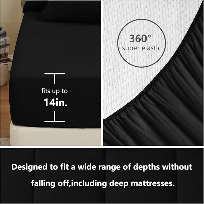 CozyLux Oversized Queen Comforter Sets Black, 7 Pieces Bed in a Bag, Ultra-Soft All Season Bedding Sets with Stitch Quilted Comforter, Flat Sheet, Fitted Sheet, Pillowcases, Black