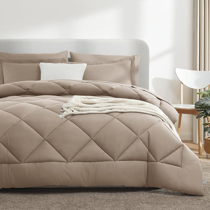 CozyLux Queen Comforter Set Khaki - Bed in a Bag Queen Size 7 Pieces, Luxury Soft Bed Set for All Seasons, Bedding Set with Down Alternative Comforter, Sheets, Pillowcases & Shams