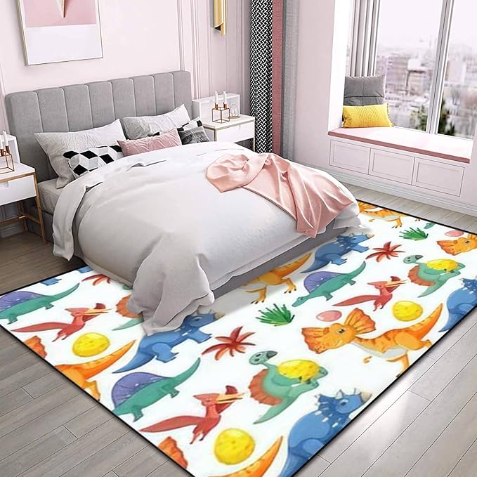 Cute Dinosaur Seamless Area Rug Outdoor Patio Rug Play Mat Modern Floor Carpet Non-Slip Home Decor Living Room Kids Bedroom Nursery, 6x9 ft