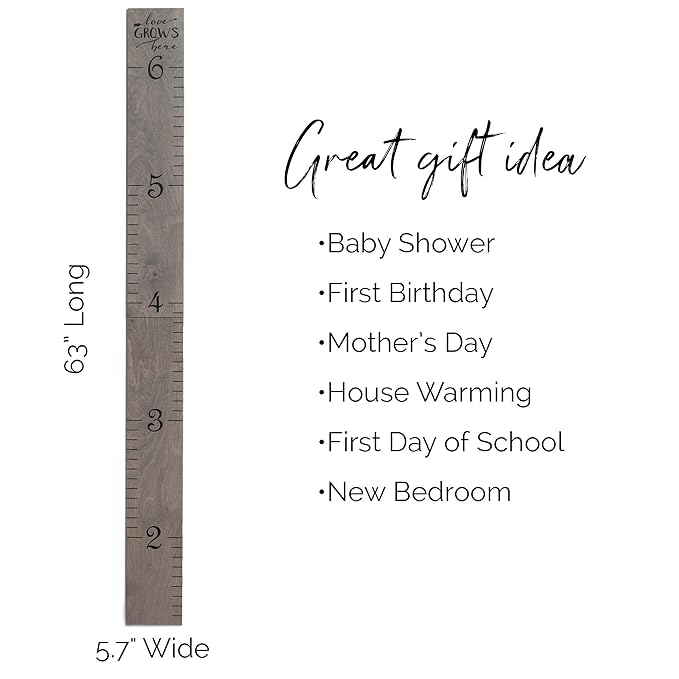 HEADWATERS STUDIO Wooden Growth Chart for Wall - Height Growth Chart for Kids, Kid Height Wall Chart, Height Measurement for Wall, Height Chart for Kids - Love Grows Here, Skinny Grey (63""x5.75"")