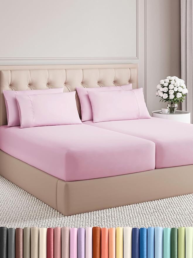 Split King 7 Piece Sheet Set - Comfy Breathable & Cooling - Soft Hotel Luxury Bedding Set with 8-16 Inch Deep Pockets - 1 Flat & 2 Fitted Sheet & 4 Pillowcases - Wrinkle Free & Easy Care - Light Pink