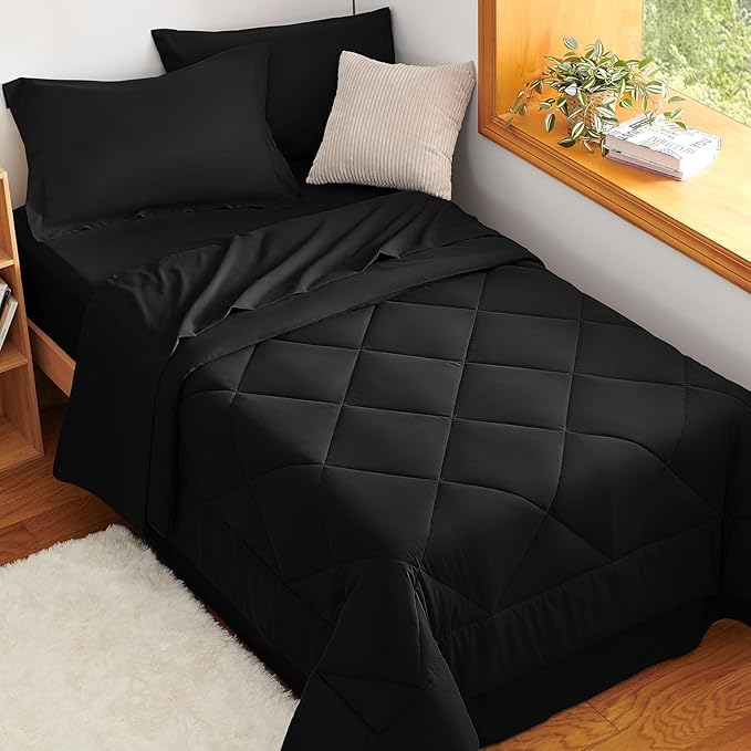 CozyLux Twin Comforter Set with Sheets Black - 5 Pieces Bed in a Bag Twin, All Season Bed Set for Girls and Boys, Bedding Set with Down Alternative Comforter, Sheets, Pillowcase & Sham