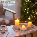Hanobe Wood Plate Candle Holder: Small Candle Plate Set of 3 Decorative White Washed Beaded Holders Tray Round Candle Stick Holders Farmhouse Table Centerpiece for Fireplace Dining Room Home Decor