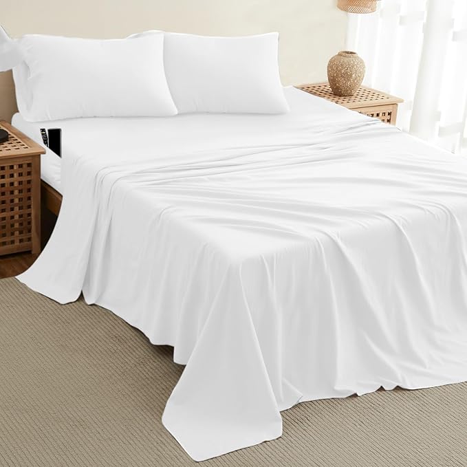 DREAMCARE California King Sheet Sets – 4 pcs Cooling Sheets – up to 21” Deep Cal King Sheets – Hotel Luxury Sheets & Pillowcases – Superior Softness 100% Fine Microfiber with Side Pocket – White