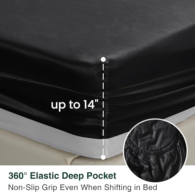 Love's cabin Full Size Satin Sheet Sets - 4 Piece Black Silky Sheet Set with Deep Pocket, Luxury Silk Feel Bed Sheets Full Bedding Set (1 Flat Sheet,1 Fitted Sheet,2 Pillow Cases)