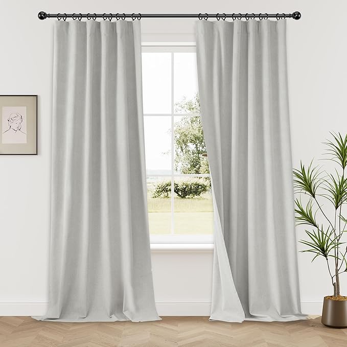 KangBang 100% Blackout Curtains 120 Inches Long, Extra Long Linen Textured Curtains 2PCs Back Tab Loop Pocket Pleated Privacy Light Blocking Window Drapes(Light Grey,52x120 Inch 10 FT Tall)
