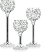 Crystal Metal Tealight Candlestick, Bling Bowl Candelabras, Tall Crystal Votive Candle Holders Elegant Crystal Candle Centerpiece for Dining Table Wedding Decor (Set of 3, Silver)