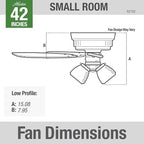 Hunter Fan Company 52152, 42 inch Crestfield Fresh White Low Profile Flush Mount Ceiling Fan with Lights LED and Pull Chain