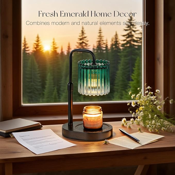 Candle Warmer Lamp with Timer: Emerald Green Candle Warming Lamp with 2 Bulbs Height Adjustable Wax Melt Dimmable Bedroom Decor Christmas Gift for Women