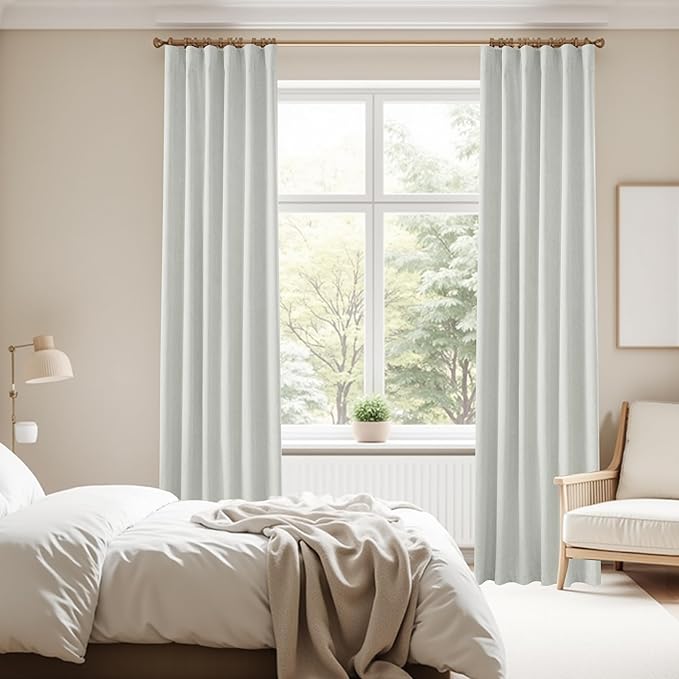 Greyish White 100% Blackout Linen Curtains for Living Room 2 Panels Set, Loop Pocket Back Tab Neutral Light Gray Tones Linen Textured Curtains for Hall Large Windows 9 FT,52Wx108L, Greyish White