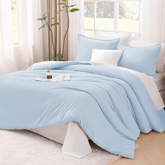 Litanika Comforters Light Blue Twin/Twin XL Size, 2 Pieces Lightweight Solid Bedding Comforter Set, All Season Fluffy Bed Set (66x90In Comforter & 1 Pillowcase)