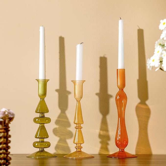 Mumufy 3 Pcs Thanksgiving Glass Candlestick Holders Thanksgiving Ball Shaped Glass Taper Candle Holder Amber Olive Honey Gold Fall Candle Stick Vase Decor for Holiday(9.1, 9.5, 10.6 inch,Cute)