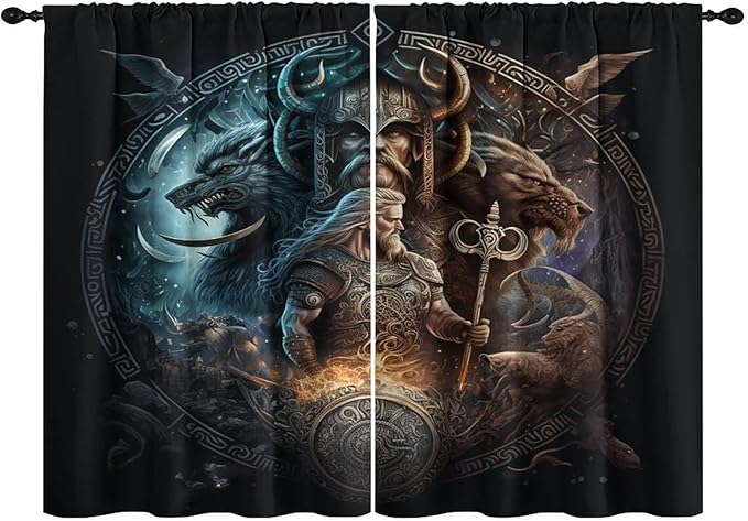 Cool Norse Viking Theme Curtains,Fantasy Ancient Symbols Wildlife Wolf Nordic Vikings Window Treatments Thermal Insulated Rod Pocket Blackout Drapes for Bedroom 2 Panels 63L x 42W
