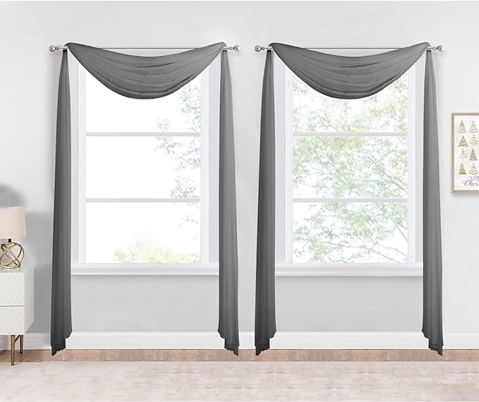 NICETOWN Dark Grey Scarf Valances for Windows, Decorative Soft Voile Sheer Window Scarfs for Farmhouse/Cottage, W60 x L216, Sold by 2 Panels