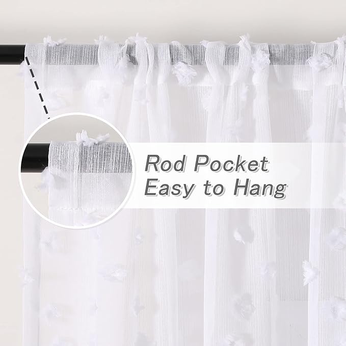 MYSKY HOME White Sheer Short Curtains with Pom Pom for Small Windows Bedroom Nursery Kids Girls Room Curtains Cafe Kitchen Light Filtering Boho Drapes, Rod Pocket,52 x 54 Inches, 2 Panels