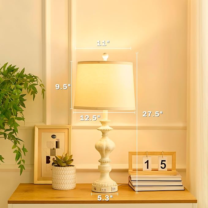 27.5" Farmhouse Table Lamps Set of 2 Bedside Nightstand Lamp with USB C+A Ports & AC Outlet, 3 Way Dimmable Touch Lamps for Bedroom Living Room Office Rustic Lamp (White Gold)