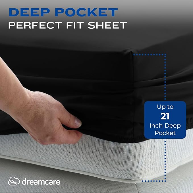 DREAMCARE Queen Sheet Set – 4 pcs Cooling Sheets – up to 21” Extra Deep Pocket Queen Sheets – Hotel Luxury Sheets & Pillowcases – Superior Softness 100% Fine Microfiber with Side Pocket – Black