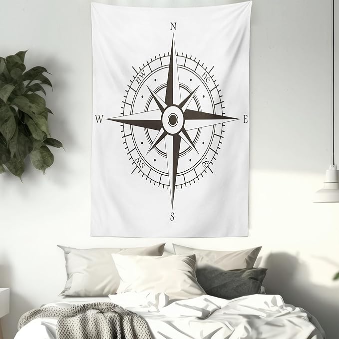Ambesonne Compass Tapestry, Wind Rose Old Fashion Navigational Equipments Orienteering Illustration Print, Wall Hanging for Bedroom Living Room Dorm Decor, 40" X 60", Evergreen White