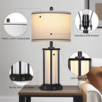 27in Tall Farmhouse Table Lamp Set of 2 with USB C+A & Outlet,Black Industrial End Table Lamp for Living Room,Vintage Rustic Bedside Lamps with Night Light for Bedroom Nightstand,Black