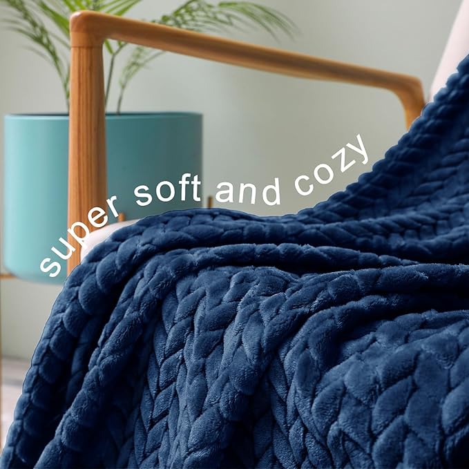 Exclusivo Mezcla Fleece Queen Size Blanket for Bed, 90x90 Inches Soft Cozy Jacquard Flannel Blankets, Lightweight Fuzzy Plush Warm for Winter, Navy Blue