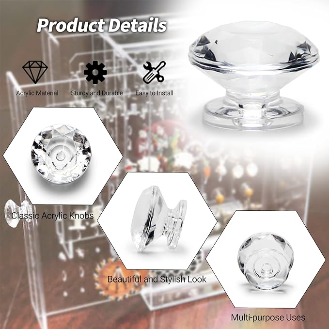 MroMax 6pcs Tiny Pull Handle Diamond Acrylic Mini Knob 19mm Diameter Clear Shiny Diamond Shaped Knobs for Jewelry Box, Gift Case and Makeup Box