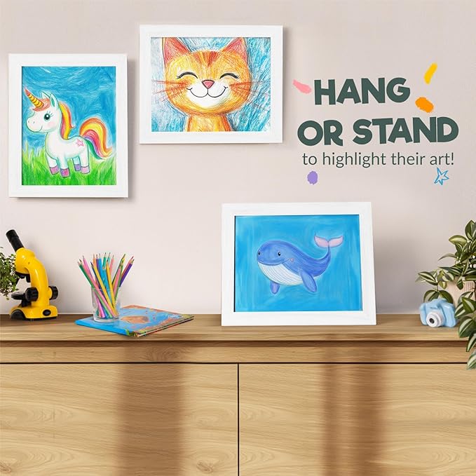 Zenacolor Kids Artwork Frames Changeable - Front-Opening to Display & Store 100 pcs - Set of 3 Kids Art Frame Includes Wall Hooks & Stand - 8.5x11cm - White