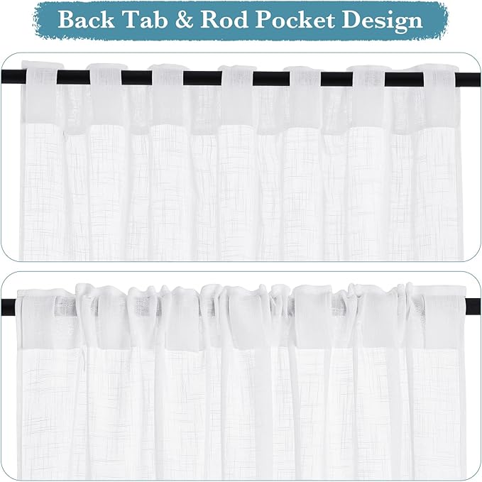 RYB HOME White Kitchen Curtains - Linen Textured Sheer Curtains Light Filtering Privacy Window Drapes Soft Airy Breathable Draperies for Bedroom, RV Camper, Nursery, Cafe, W 52 x L 36 inch, 2 Panels