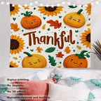 Batmerry Thankful Fall Pumpkins Tapestry, Happy Pumpkins Sunflowers Maple Leaves Wall Art Hanging Decoration Polyester Fiber White Ruffled Around for Dorm Room Bedroom Living Room, 39.1x59.1 inches