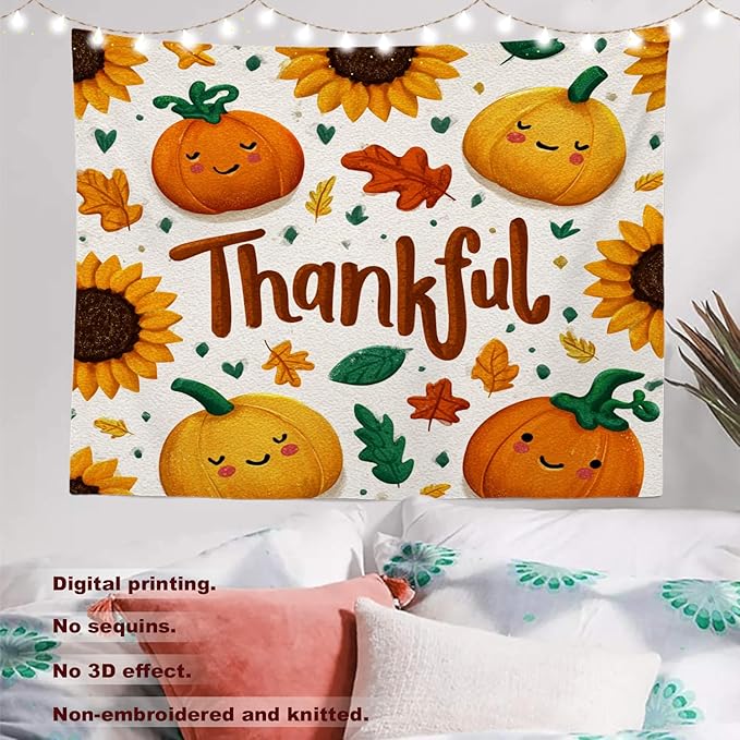 Batmerry Thankful Fall Pumpkins Tapestry, Happy Pumpkins Sunflowers Maple Leaves Wall Art Hanging Decoration Polyester Fiber White Ruffled Around for Dorm Room Bedroom Living Room, 39.1x59.1 inches