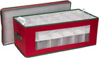 Household Essentials Ornament Storage Box, 36 Piece with Dividers, Sturdy and Stackable with Handles and Clear Plastic Window, Red Polyester Linen with Green Trim