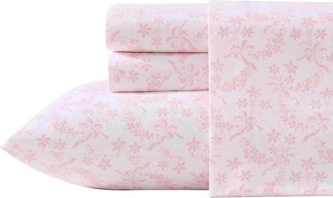 Laura Ashley - Flannel Sheets Queen Size, Anti-Pilling & Wrinkle Resistant Cotton, Touchably Soft for All-Season Comfort - Bed Sheets with Matching Pillowcases & Fitted Sheet (Antoinette Pink)