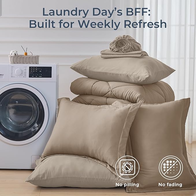HEVUMYI Khaki & Linen California King Comforter Set - 7-Piece All Season Bed in a Bag Cal King, Ultra Soft Bedding Set with Comforter, Flat Sheet, Fitted Sheet, Pillowcases, Pillow Shams