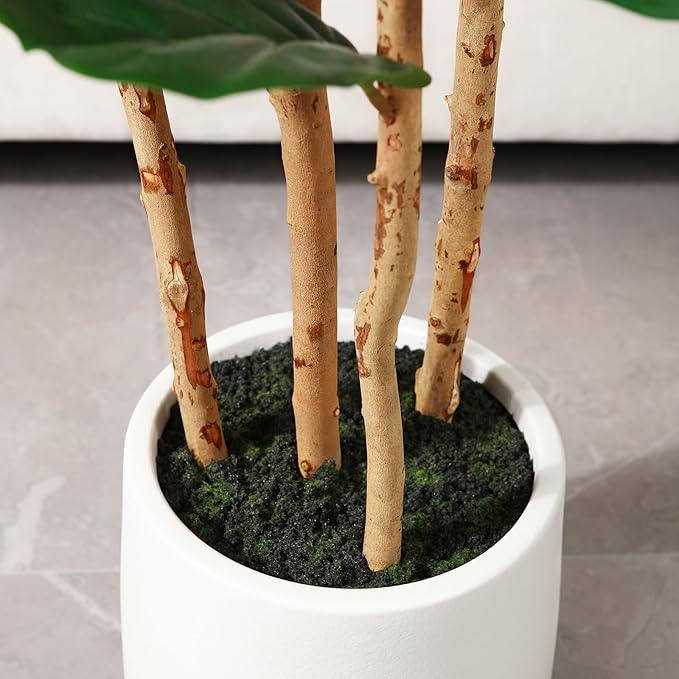 Artificial Fiddle Leaf Fig Tree with White Planter, 6ft Tall Fake Tree with Natural Wood Trunk for Home Decor, Faux Ficus Tree Fake Moss for Indoor Office Living Room