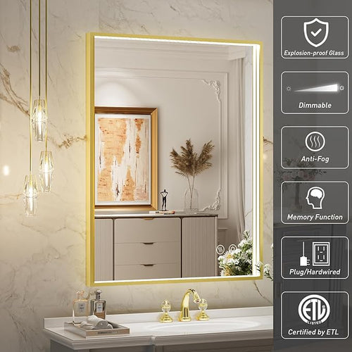 24x36 Inch LED Bathroom Mirror with Lights,Wall Mounted Lighted Mirrors with Non-Rusting Gold Metal Frame Anti-Fog Memory Funtion Stepless Dimmable, CRI90+,Waterproof