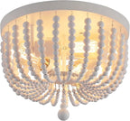 Q&S White Boho Beaded Chandeliers Flush Mount Ceiling Light,3-Lights Small Chandelier Light Fixture for Bedroom,Kitchen,Dining Room,Living Room,Stairway Gazebo