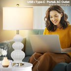 Modern White Table Lamps Set of 2 - Bedside Lamps for Night Stands, 26" Triple Gourd Ceramic Lamps for Living Room with USB A+C Ports & AC Outlet,3 Way Touch Lamps for Bedroom (LED Bulbs Included)
