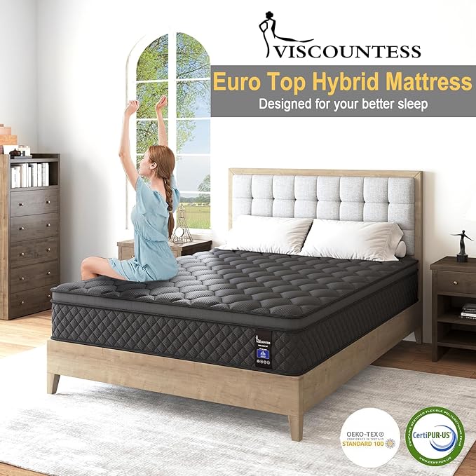 Full Mattress, 14 Inch Hybrid Mattresses Black Euro Top Medium Firm for Back & Lumbar Support, 100 Night Trial, Individual Pocket Spring Bed for Motion Isolation & Pressure Relief