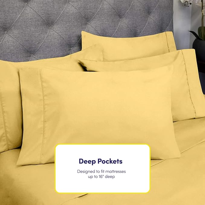 Queen Sheets Yellow - 6 Piece 1500 Supreme Collection Fine Brushed Microfiber Deep Pocket Queen Sheet Set Bedding - 2 Extra Pillow Cases, Great Value, Queen, Yellow