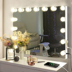 M MIVONDA Vanity Makeup Mirror with Lights: Hollywood Mirror with 15LED Bulbs - Large 23”x19” Desk Mirror for Wall, Dimmable 3 Lighting Modes, Plug-in and USB Charger Port, White