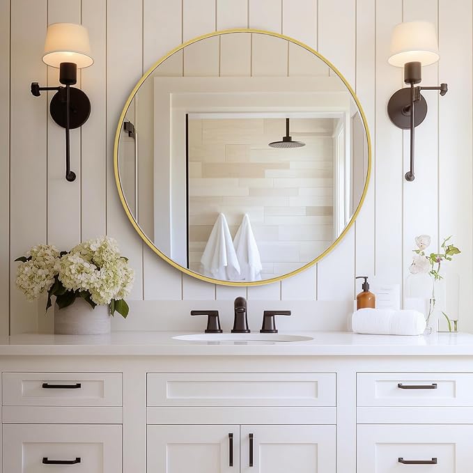 DUMOS Gold Circle Mirror for Wall 30.02 inch, Bathroom Round Mirror for Over Sink, Bathroom, Entryway, Bedroom, Vanity