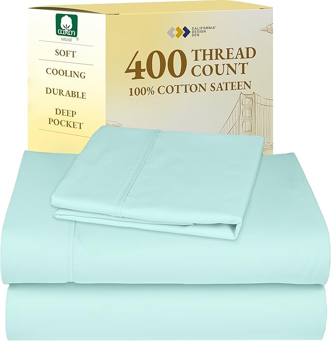 California Design Den Twin XL Sheet Sets - Soft 400 Thread Count Sateen, Natural 100% Cotton Sheets Set with Deep Pockets, Cooling and Durable Bedding - Seafoam