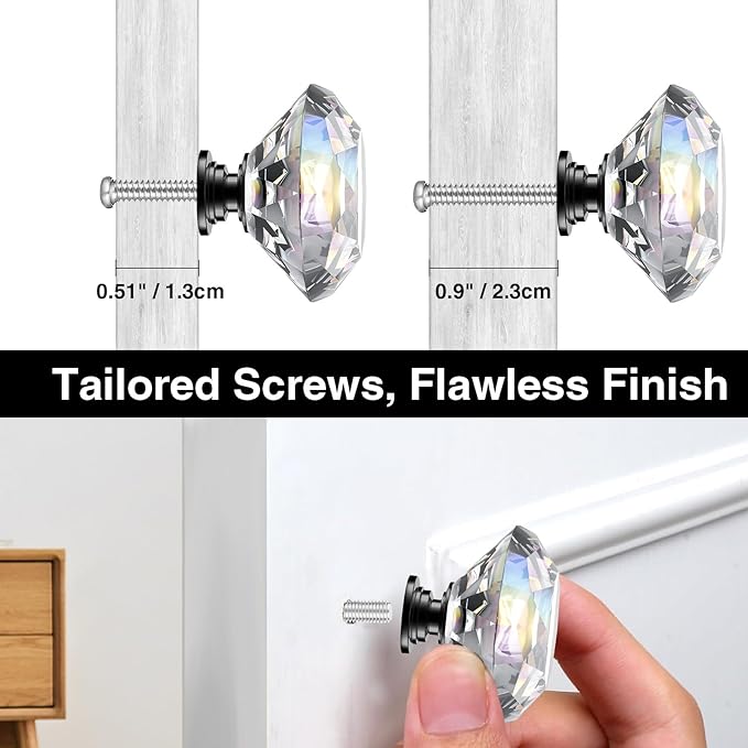 POZEAN Crystal Cabinet Knobs 12Pack, 1.57inch Dresser Knobs for Cabinet, Drawer with Two Different Sizes Screws, Diamond Glass Pulls Handles (40mm, 12Pack, Clear-Black)