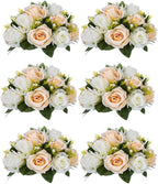 NUPTIO 6 Pieces Champagne White Fake Flower Ball Arrangement Bouquet 15 Heads Plastic Roses with Base, Suitable for Wedding Centerpiece Flower Rack for Parties Home Décor