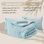 HYMOKEGE Lake Blue Twin Comforter Set Seersucker 5 Pieces, All Season Luxury Bed in a Bag for Bedroom, Bedding Set with Comforters, Sheets, Pillowcase & Shams