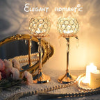 Crystal Tea Light Candlestick Holders Flower Shape with Crystal Pendant Bowl Votive Metal Candle Holder for Table Centerpieces Wedding Home Decor (Set of 2 high, Gold)